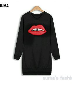 HISUMA 2017 Spring New Big Lips Women's Loose Embroidery Leather Long Basic Hip-hop Sweatshirts Women Sweatshirt female blouse