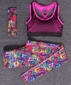 Women Yoga Fitness Sports Sets Gym Workout Sportswear 3pcs/Set Tracksuits Headband+Bra+Printed Yoga Pants Sport Leggings Suits