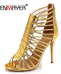 ENMAYER Cuts-out Summer Pumps Shoes Woman High Heels Peep Toe Golden Shoe Plus Size 34-46 Sexy Party Ladies