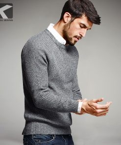 KUEGOU Autumn Mens Sweaters 100% Cotton Gray Color Knitted Brand Clothing Man's Knitwear Pullovers Knitting Plus Size Tops 14012