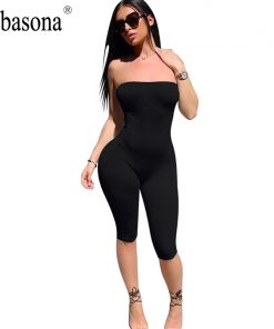 Abasona Strapless black solid spandex playsuits Off shoulder summer shorts rompers womens jumpsuit backless female bodysuits