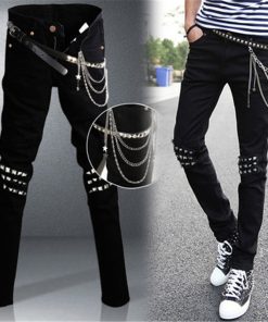 2017 New Fashion Men Jeans Denim Pants Slim Fit Punk Chain Revit Pencil Pants Long Biker Jeans Male Trousers Vintage Plus Size