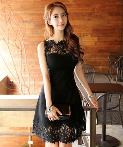 Fashion Slim Sexy Black Hollow Lace Patchwork Women Dress Sleeveless Short Party Dresses Vestidos
