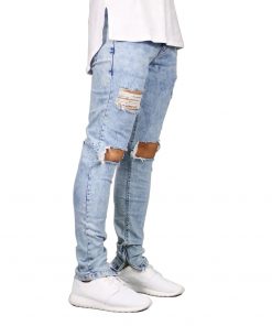 Men Jeans Stretch Destroyed Ripped Design Fashion Ankle Zipper Skinny Jeans For Men E5020