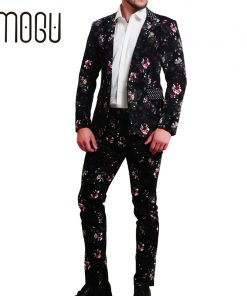 MOGU 2017 New Two Piece Men Suits Floral Print Cotton Fabric Men Suits Slim Fit Fashion Stylish Suits in Mens Clothing