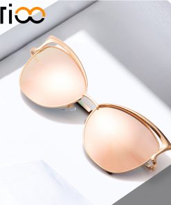 TRIOO High Quality Cat Eye Women Sunglasses Rose Gold Metal Oculos de sol Reflective Summer Pink Sun Glasses for women Shades
