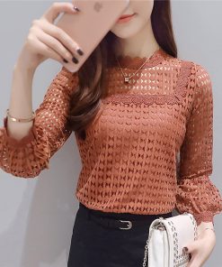 Free Shipping 2019 New Long Sleeve Women tops Lace O-neck ruff Sleeve Fashion spring brown Black Blouse Shirts women Blouses 16J
