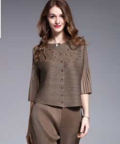 Changpleat Design bead woman Coat pleated Pleated 2017 summer loose thin solid 3/4 sleeve Short Women's jacket Plus Size Outwear