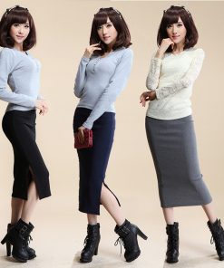 2016 Autumn Winter Women Skirt Wool Rib Knit Long Skirt Faldas Package Hip Split Skirts D919