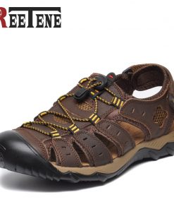 REETENE Plus Size 38-47 Men Sandals Genuine Leather Fashion Summer Shoes Men Slippers Breathable Men'S Sandals Causal Shoes