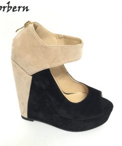 Sorbern Beige Black Peep Toe Women Shoes Pumps Wedge Platform Pump Shoes Women Heels Large Size Wedge Heel Shoes Women Size 12