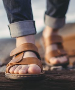 Maden Waxy Split Leather Men Sandals Slippers 2 Uses Summer Beach Shoes Basic All-matching Hook & Loop Casual Black Brown Matte