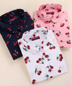 Dioufond Cotton Long Sleeve Women Blouses School Work Office Shirts Casual Tops Ladies Cherry Print Shirt Women Fashion Clothing