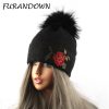 Flower Embroidery Beanies Women's Hat Winter Fur Pompoms Beanie Hats For Ladies Diamond Skullies Cap