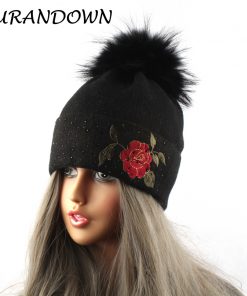 Flower Embroidery Beanies Women's Hat Winter Fur Pompoms Beanie Hats For Ladies Diamond Skullies Cap