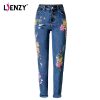 LIENZY American Apparel BF Women Jeans High Waist Bird Floral 3D embroidery High Waist Ladies Straight Denim Pants Jeans Bottoms