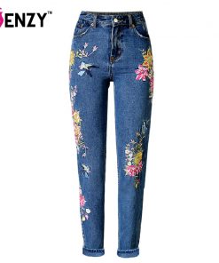 LIENZY American Apparel BF Women Jeans High Waist Bird Floral 3D embroidery High Waist Ladies Straight Denim Pants Jeans Bottoms