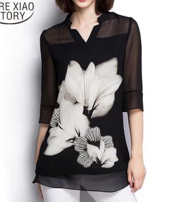 Women tops and blouses 2019 chiffon Blouse large sizel black Floral plus size V Neck long Sleeve Elegant shirts women 60C 25