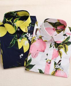 2019 Summer Cotton Women Blouses Fruit Print Shirts Long Sleeve Women Shirt Turn Down Collar Bohemia Casual Blouse Blusas 5XL