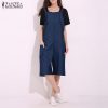 ZANZEA Womens Jumpsuits 2019 Adjustable Strappy Dungaress Pockets Wide Leg Denim Blue Retro Rompers Calf Length Bib Overalls