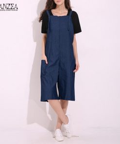 ZANZEA Womens Jumpsuits 2019 Adjustable Strappy Dungaress Pockets Wide Leg Denim Blue Retro Rompers Calf Length Bib Overalls