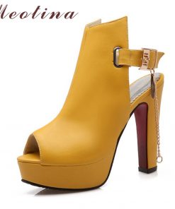 Meotina Shoes Women High Heels Pumps Spring Peep Toe Gladiator Shoes Female Chains Sequined High Heels Platform Shoes Yellow 43