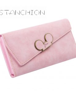 Women Wallets Faux Leather Long Section Hasp Purse Mickey Head Oblique Cover Type Three Fold Clutch Coin Pocket Card Holder