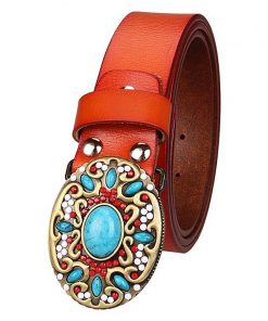 Women belt Genuine leather belt cowskin gem turquoise pattern arabesque retro woman decorative belt lady