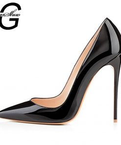 GENSHUO Woman High Heel Pumps Office Black shoes Pointed Toe Patent Leather Women Wedding Shoes Bride 12CM Women Stilettos heels