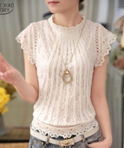 New 2018 Summer Fashion elegant solid Women Blouses Petal Sleeve Lace Chiffon O-neck Plus Size Shirt Tops 01C 35