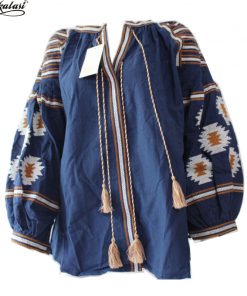 YACKALASI Bohemian Blouses Women Tops Navy Blue Elegant Boho Embroidered Lantern Sleeve Tassels Loose V-Neck One Size
