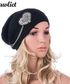 New Winter Autumn Women's Hat Cashmere Heart Rhinestone Beanies Street Cap Brand Knitted Crochet Slouch Bonnet Baggy Skull Cap