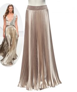 Spring Autumn Fashion Elegant Metal Elastic Waist Long Pleated Skirts 2017 Bright Satin Ladies Maxi Long Tulle Women's Skirts