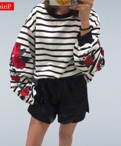 HziriP Autumn Harajuku Hoodies Roses Embroidery Lantern Sleeve Loose Striped Women Sweatshirt Girl Vintage Elegant Casual Tops