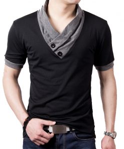 New Plus Size Summer Mens T-Shirts Fashion 2016 Slim Short Sleeve Patchwork V Neck Cotton Black T Shirt Men Button Tops & Tees