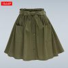 HziriP Women Skirts Vintage High Waist Pocket Solid Bow Belt Midi Skirt New Arrival Summer Europe Army Green Girls Skirt Faldas