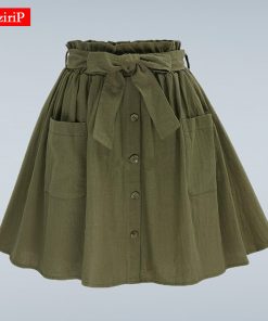 HziriP Women Skirts Vintage High Waist Pocket Solid Bow Belt Midi Skirt New Arrival Summer Europe Army Green Girls Skirt Faldas