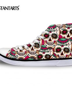 INSTANTARTS Women's High Top Skull Vulcanized Shoes Fashion Women Casual Lace-up High-top Canvas Shoes for Female Ladies Student