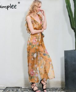 Simplee Sexy V neck print flower women jumpsuit romper Boho ruffle chiffon summer overalls Backless high waist split playsuit
