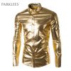 Night Club Wear Men's Elastic Shirts Slim Fit Fashion Metallic Shiny Shirt Mens Shirts Long Sleeve Chemise Homme Clothing