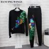 Autumn And Winter Womens Sweatshirts Round Neck Long-sleeved Embroidered Peacock Sequin Suit Plus Thick Velvet Pants Female TZ-7