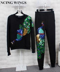 Autumn And Winter Womens Sweatshirts Round Neck Long-sleeved Embroidered Peacock Sequin Suit Plus Thick Velvet Pants Female TZ-7
