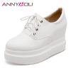 ANNYMOLI 2018 Shoes Women High Heel Platform Pumps Lace Up Shoes Increasing Wedges Round Toe Casual Ladies Shoes Spring White