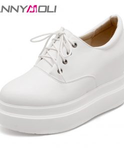 ANNYMOLI 2018 Shoes Women High Heel Platform Pumps Lace Up Shoes Increasing Wedges Round Toe Casual Ladies Shoes Spring White