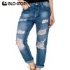 GLO-STORY High Waist Jeans Woman 2018 American Apparel Hole Women Jeans Street Style Fashion Pants Torn Denim WNK-2114