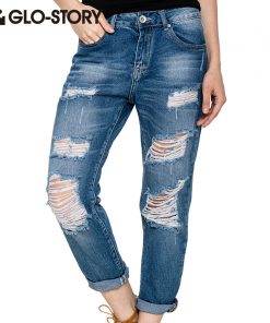 GLO-STORY High Waist Jeans Woman 2018 American Apparel Hole Women Jeans Street Style Fashion Pants Torn Denim WNK-2114