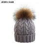 Cable Knitting Women Hat With Raccoon Fur Pom Poms Warm Winter Colorful Hip Hop Men Cap