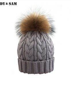 Cable Knitting Women Hat With Raccoon Fur Pom Poms Warm Winter Colorful Hip Hop Men Cap
