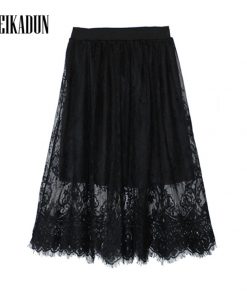 Spring Summer Women Skirt Sexy Lace Mesh Hollow Out Slim Bodycon Tight Pencil Elegant Transparent Black White Skirt D006