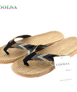 New Summer Men Linen Flip Flop Striped Ribbon Sandals Flat EVA Non-Slip Linen Slides Home Slipper Man Casual Straw Beach Shoes